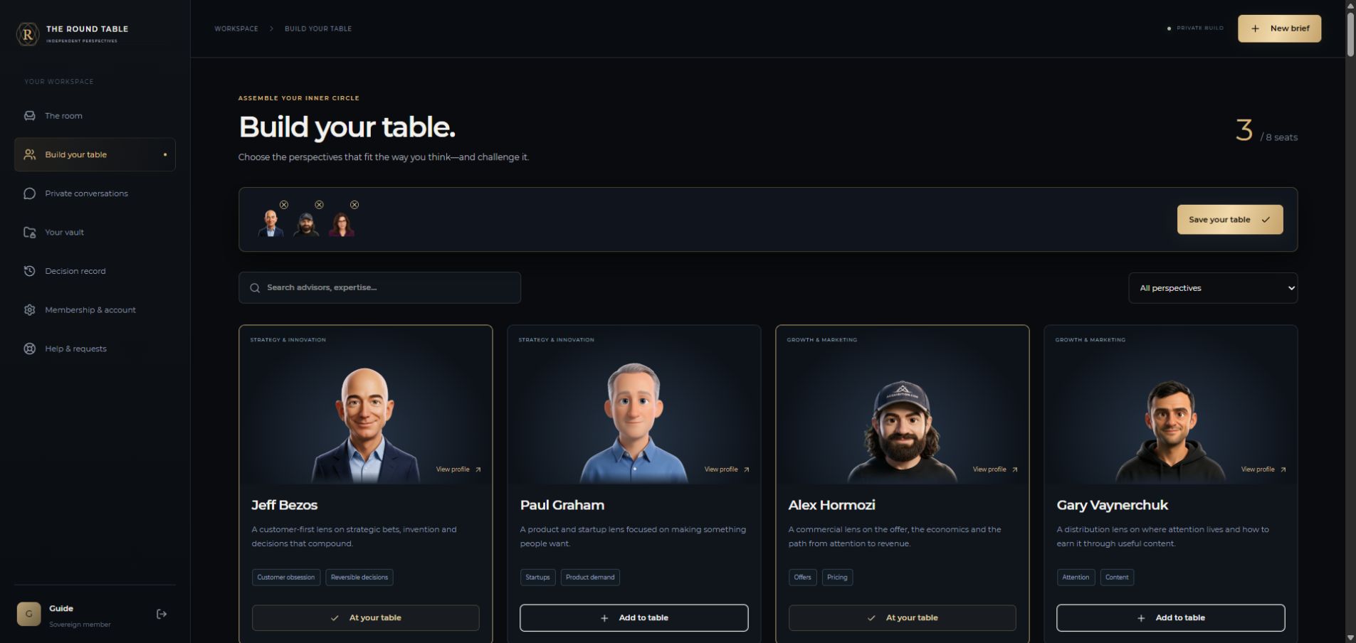 The advisor selection screen with saved-table controls